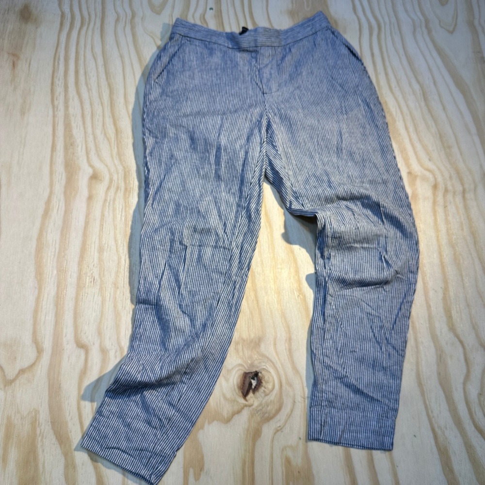Banana Republic Hayden Pant Size 0 Blue White Pinstripe Linen Blend Tapered Leg